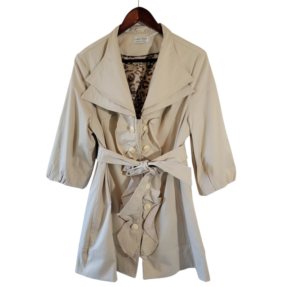 VTG Venezia-Milano Ruffle-Front Belted Trench Coat Sz L Khaki Italy Preppy Work